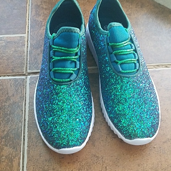 forever Shoes - NEW GREEN BLUE GLITTER SNEAKERS TENNIS SHOES